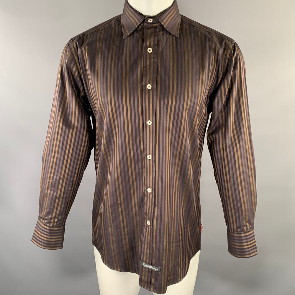 ENGLISH LAUNDRY Size S Brown Black Stripe Cotton Spread Collar Long Sleeve Shirt